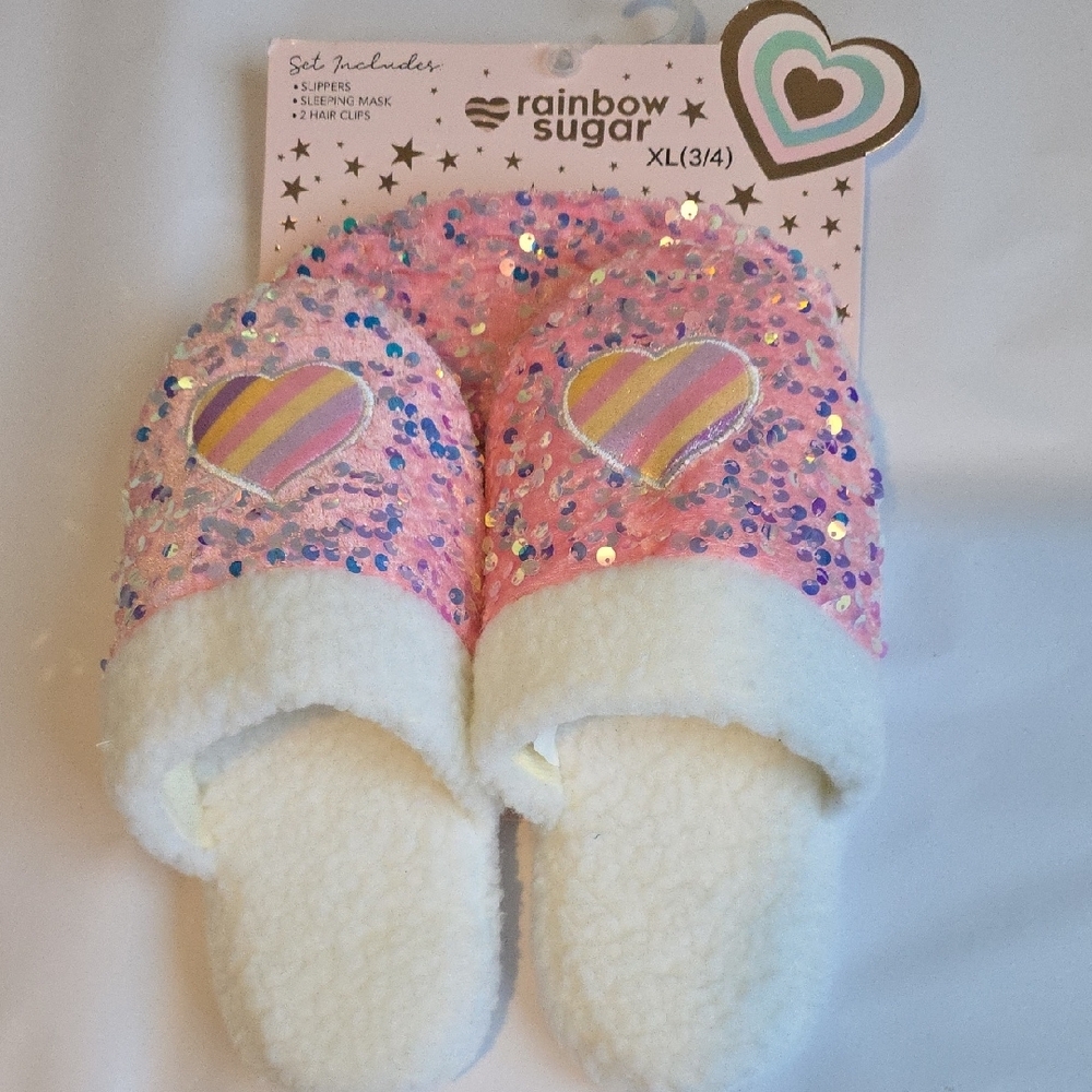 Rainbow Sugar Slippers and Sleeping Mask Set NWT Girl's Size 3/4